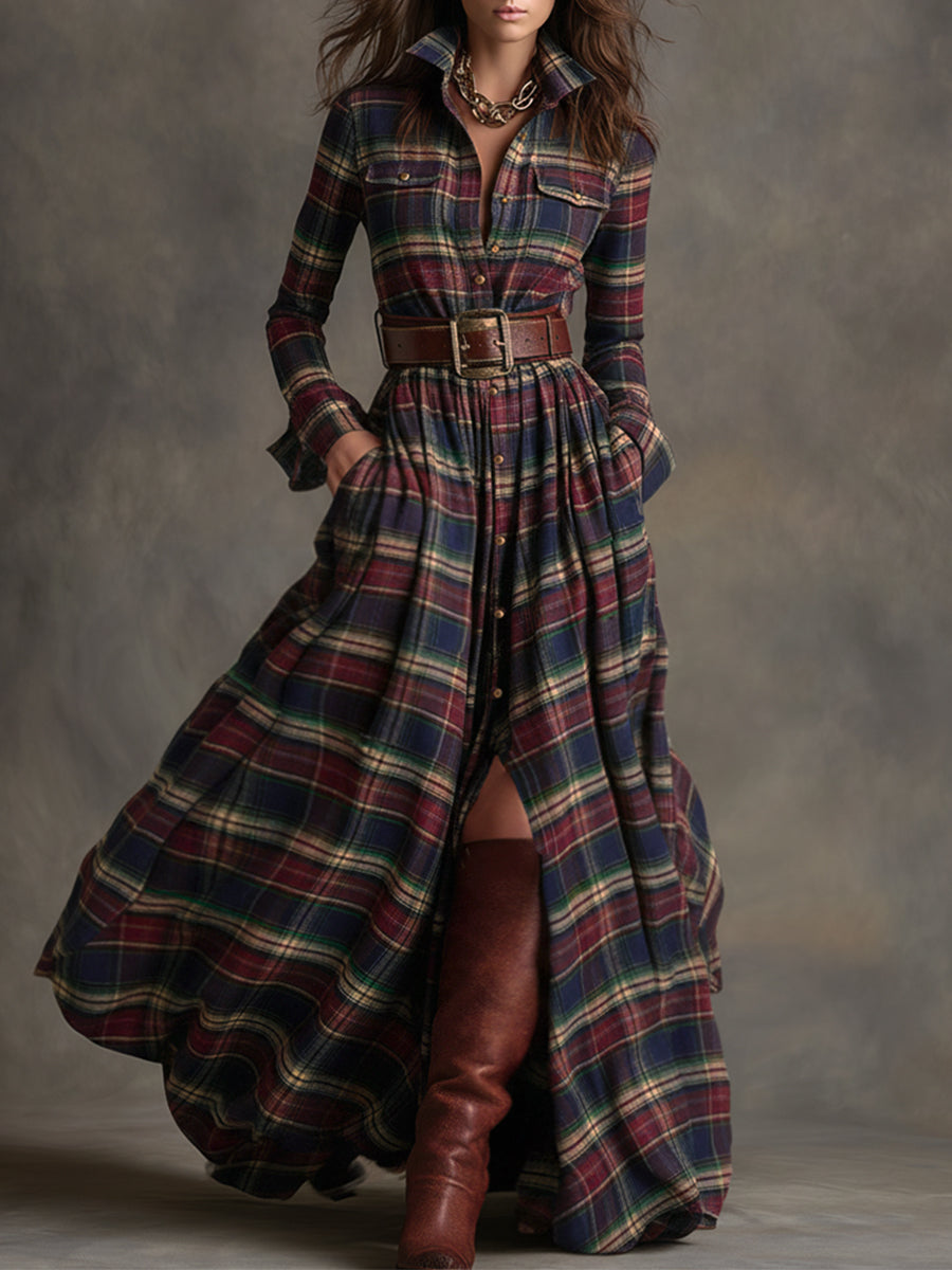 Reddish Brown Plaid Maxi Dress | Vintage Ethnic Style 0