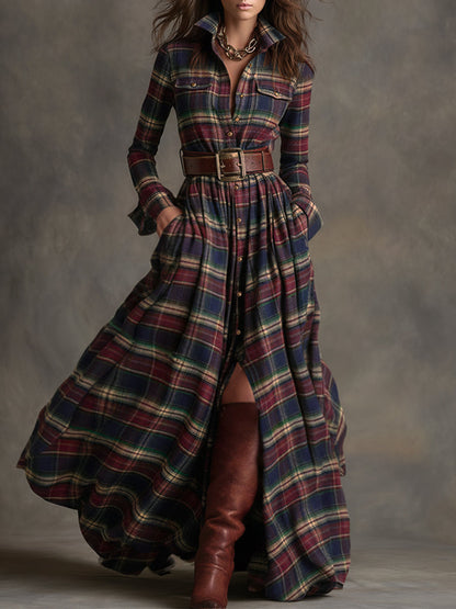 Reddish Brown Plaid Maxi Dress | Vintage Ethnic Style 0