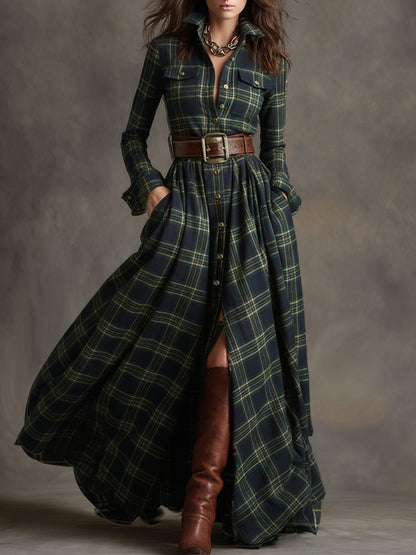 Reddish Brown Plaid Maxi Dress | Vintage Ethnic Style 1
