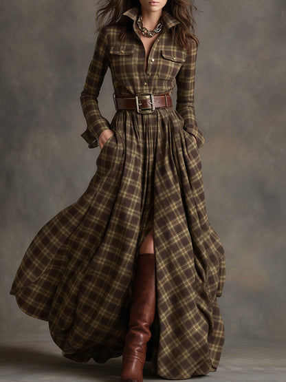 Reddish Brown Plaid Maxi Dress | Vintage Ethnic Style 2