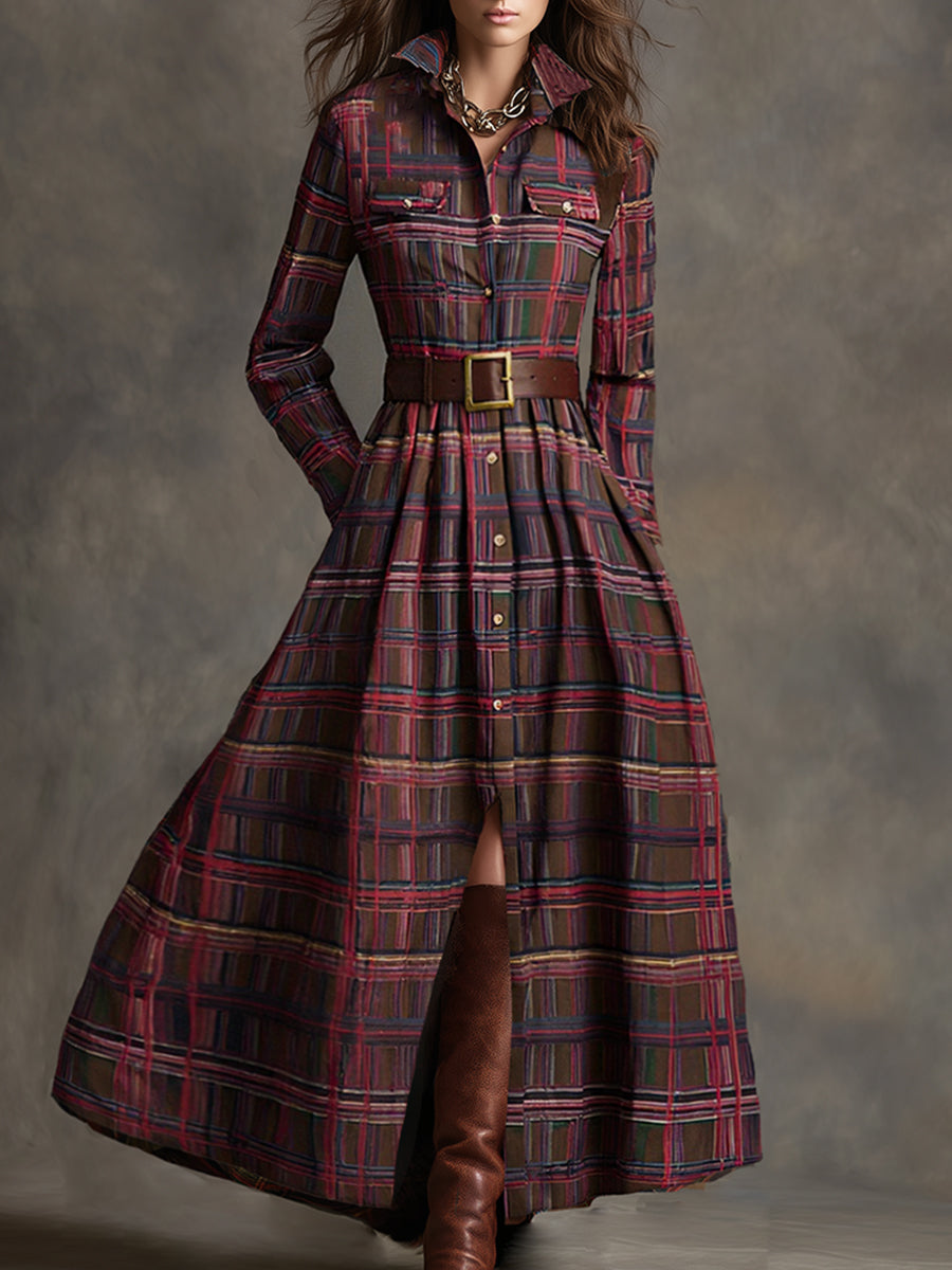 Reddish Brown Plaid Maxi Dress | Vintage Ethnic Style 5