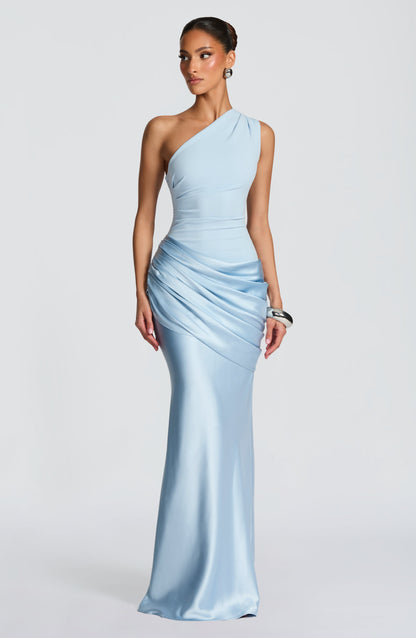 Sarina Maxi Dress | One-Shoulder, Stretch Crepe, Satin Skirt 0
