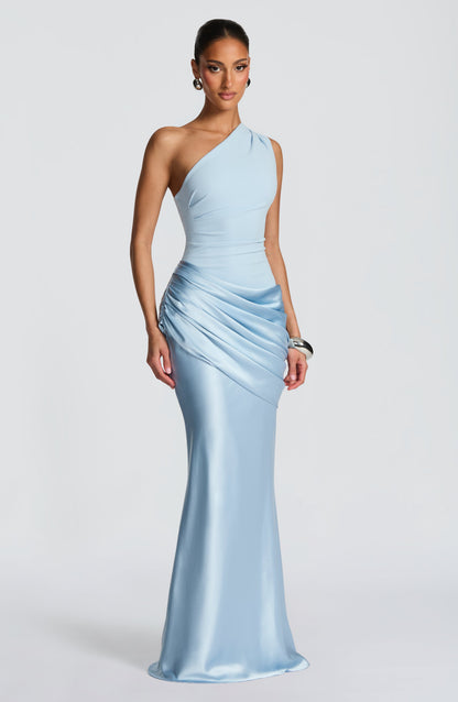 Sarina Maxi Dress | One-Shoulder, Stretch Crepe, Satin Skirt 1