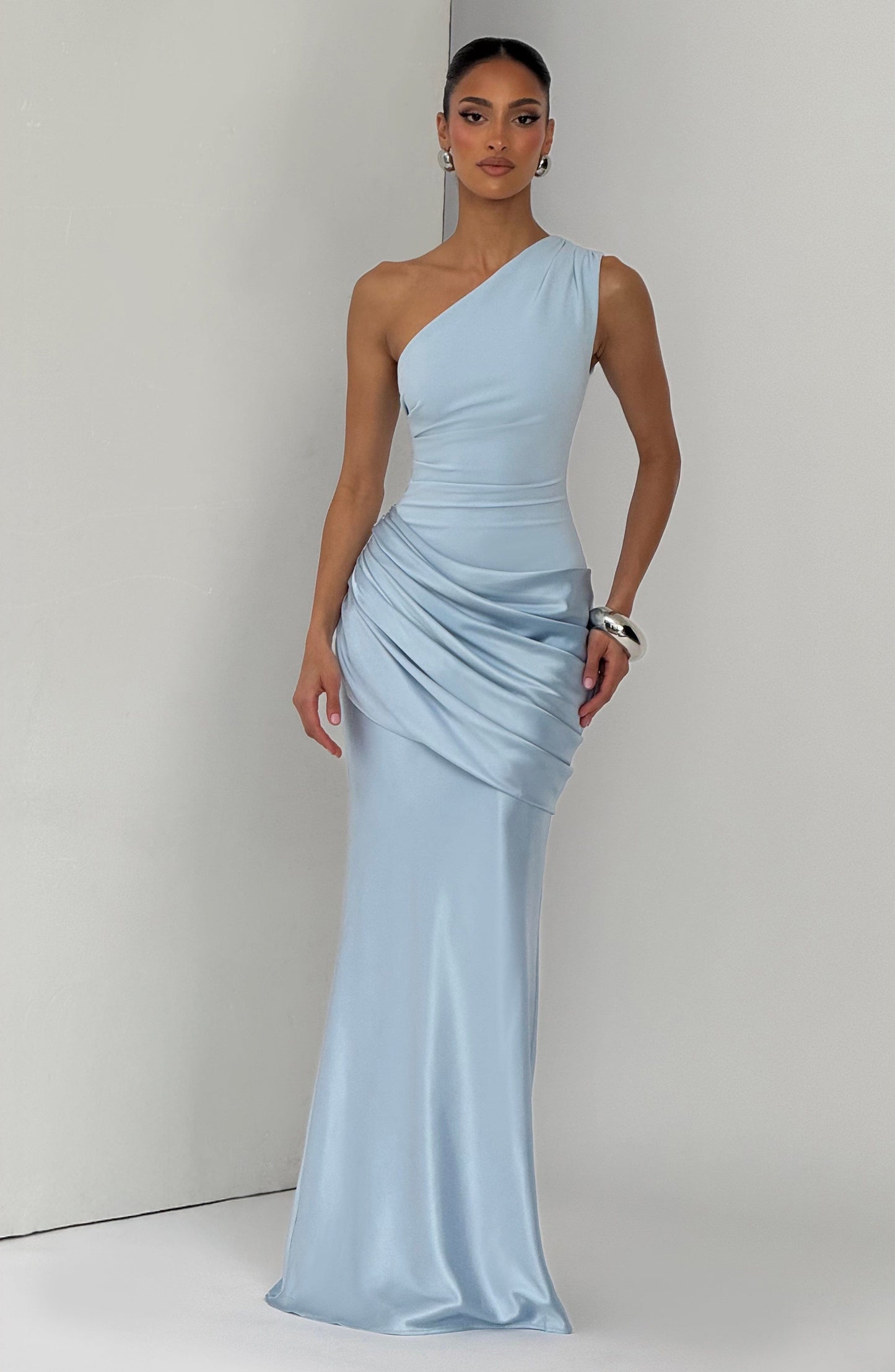 Sarina Maxi Dress | One-Shoulder, Stretch Crepe, Satin Skirt 3