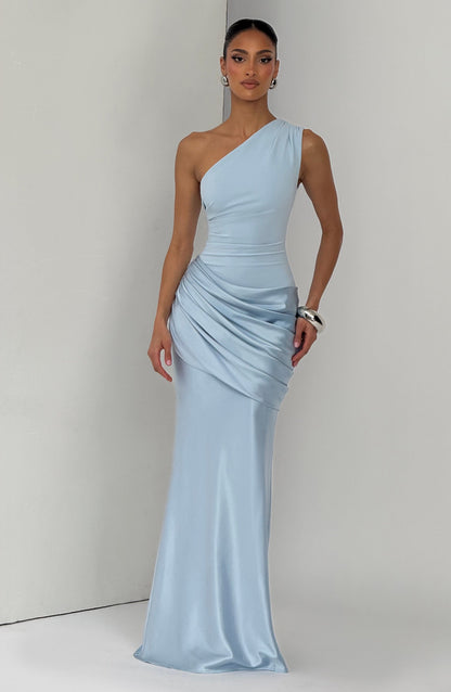 Sarina Maxi Dress | One-Shoulder, Stretch Crepe, Satin Skirt 3