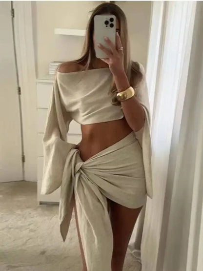 Sassy Skirt Set | One Shoulder Top with Flared Sleeves, Mini Pleated Skirt 10