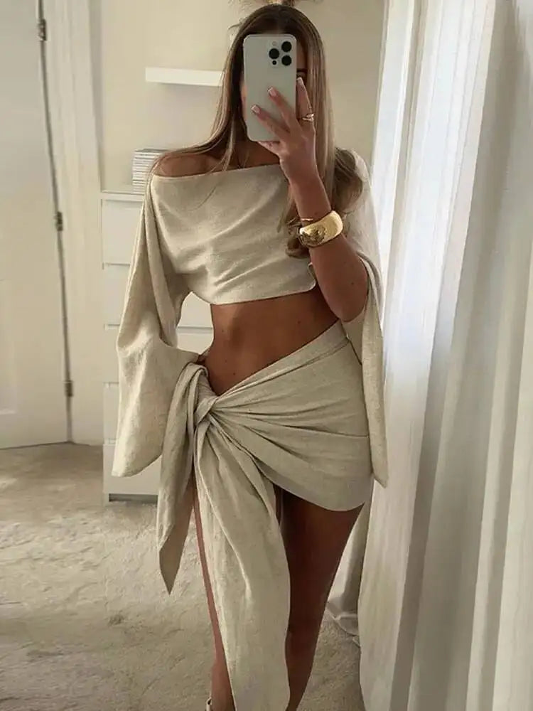 Sassy Skirt Set | One Shoulder Top with Flared Sleeves, Mini Pleated Skirt 3