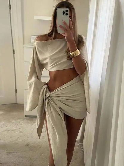 Sassy Skirt Set | One Shoulder Top with Flared Sleeves, Mini Pleated Skirt 3
