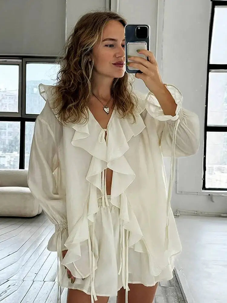 Sassy Skirt Set | One Shoulder Top with Flared Sleeves, Mini Pleated Skirt 6