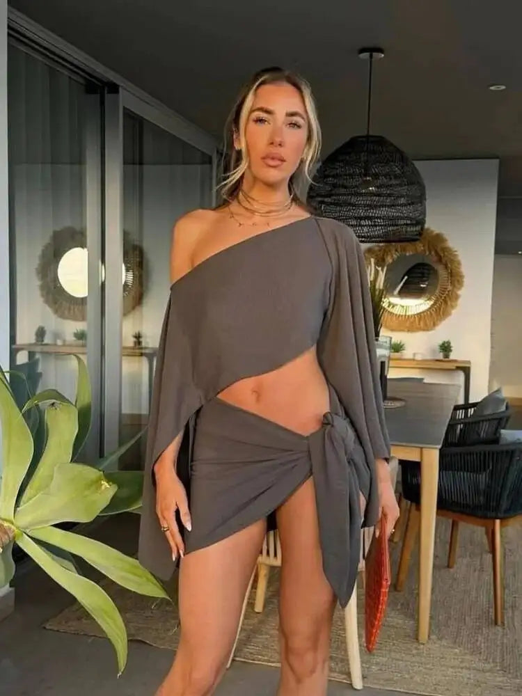Sassy Skirt Set | One Shoulder Top with Flared Sleeves, Mini Pleated Skirt 7