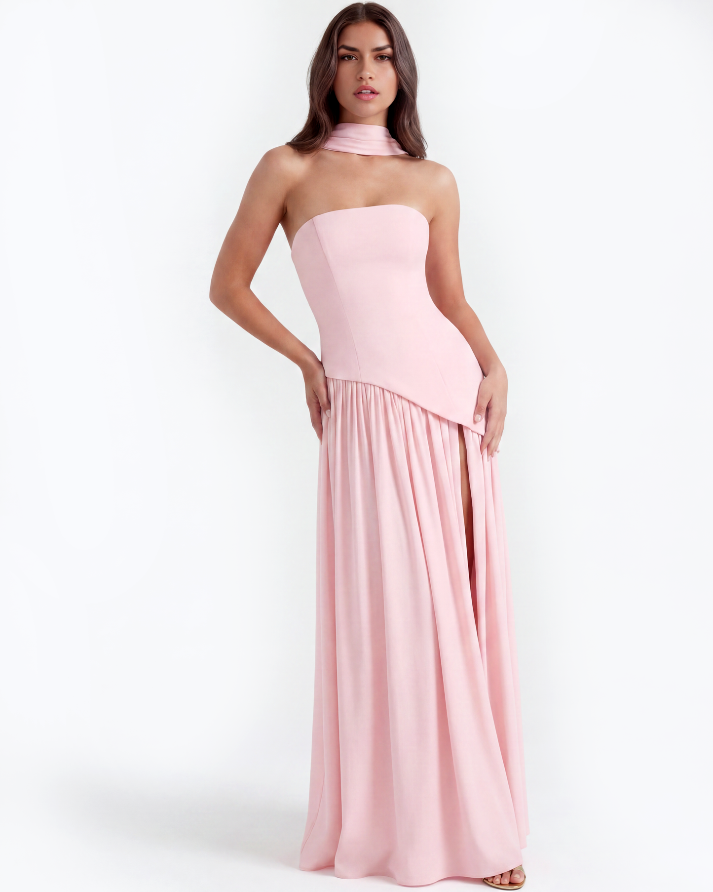 Sera Maxi Dress | Soft Pink, Strapless Chiffon Gown with Thigh-High Split 2