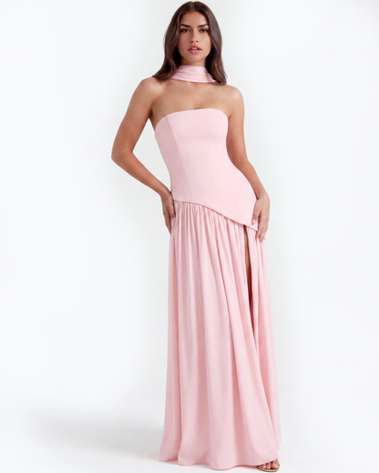 Sera Maxi Dress | Soft Pink, Strapless Chiffon Gown with Thigh-High Split 2
