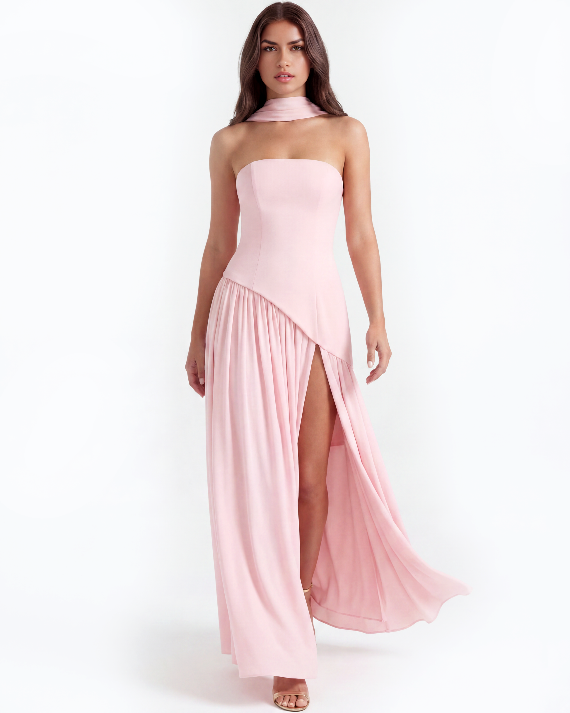 Sera Maxi Dress | Soft Pink, Strapless Chiffon Gown with Thigh-High Split 3