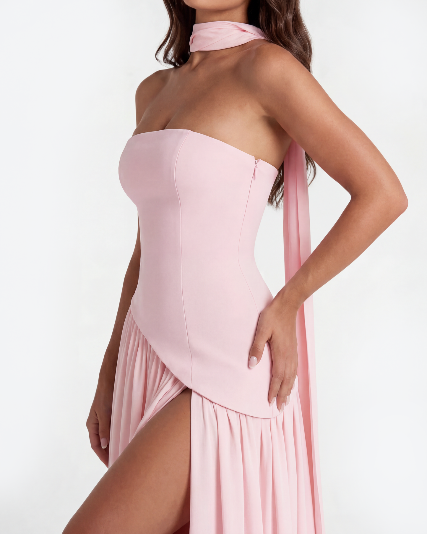 Sera Maxi Dress | Soft Pink, Strapless Chiffon Gown with Thigh-High Split 4