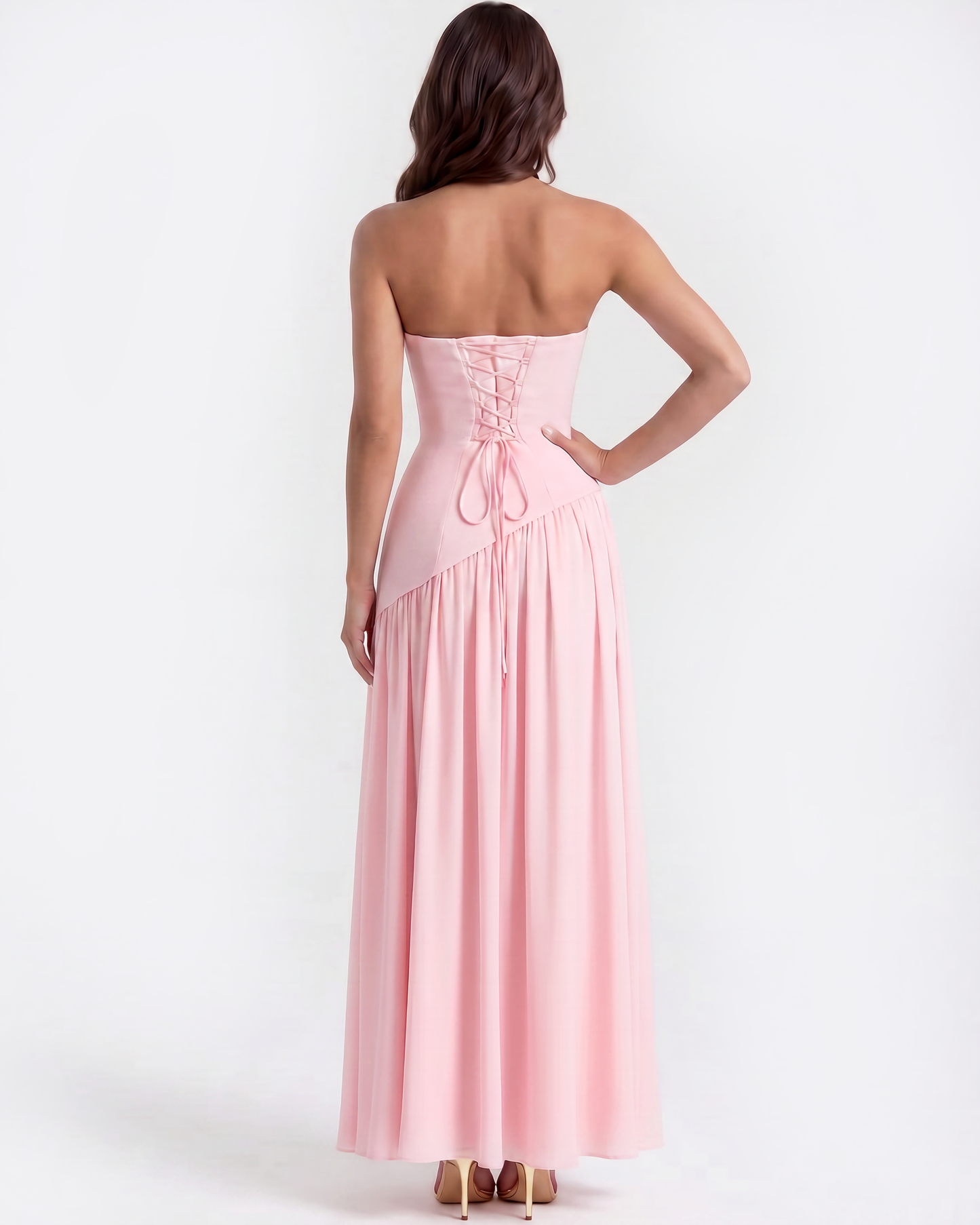 Sera Maxi Dress | Soft Pink, Strapless Chiffon Gown with Thigh-High Split 6