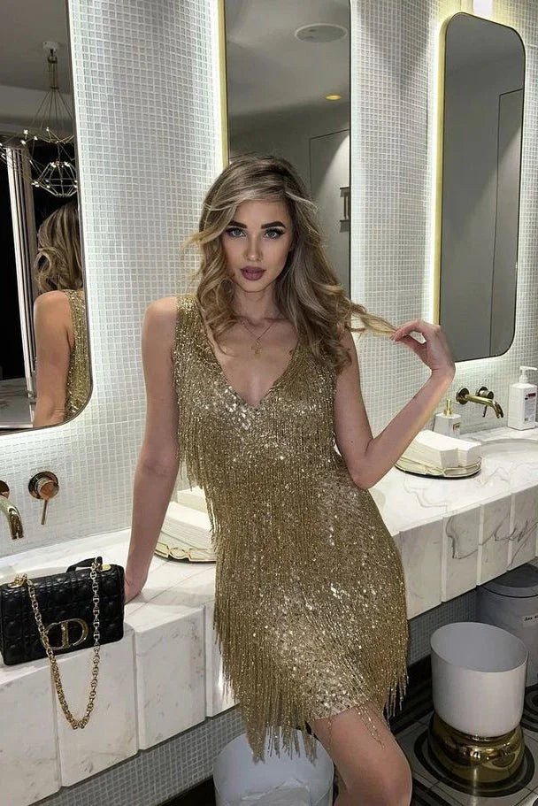 Sera Short Sequin Dress | Eye-Catching Fringe, Evening Cocktail Wear 0