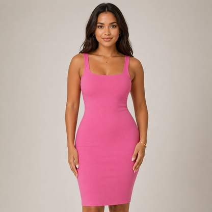 Square Neck Shapewear Midi Dress | Women's Body Shaping Dress
