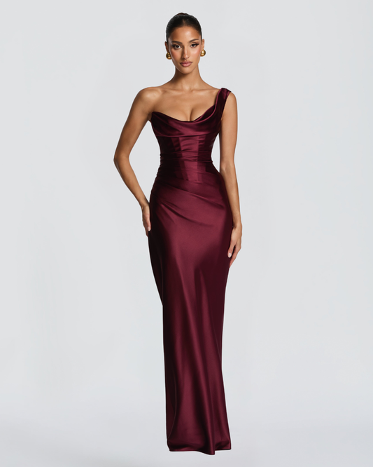 Talia Maxi Dress | Elegant One-Shoulder, Non-Stretch Satin Long Dress for Women