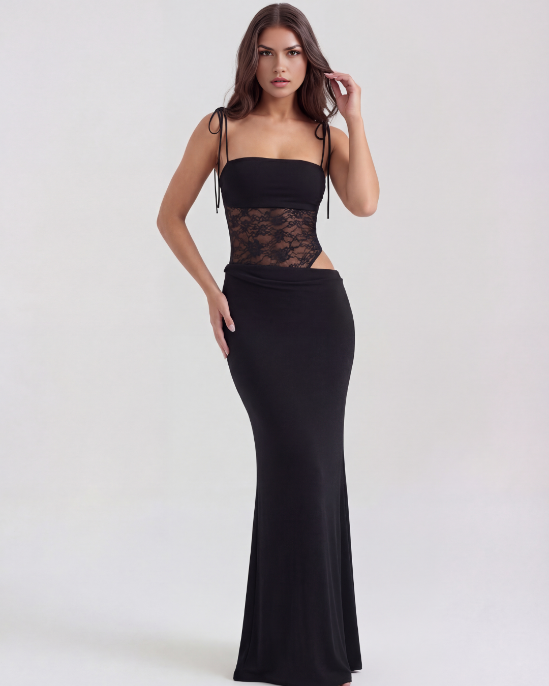 Vera Black Maxi Dress | Lace Bodice, Adjustable Straps, Body-Contouring
