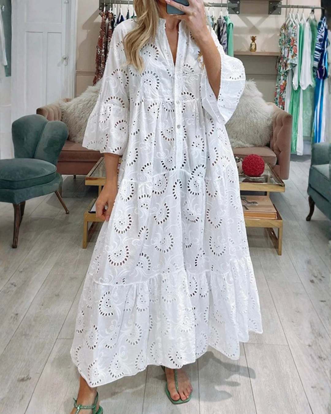 Luna Maxi Dress | Lightweight Openwork, 3/4 Sleeves, V-Neck