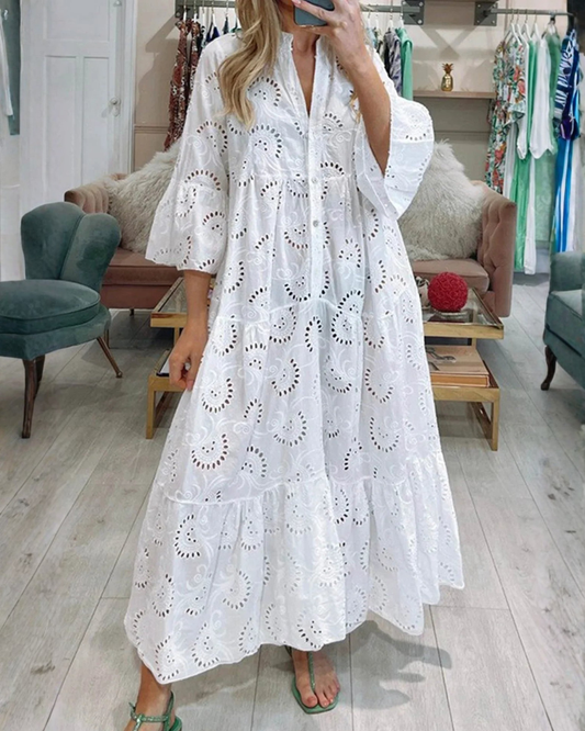 Luna Maxi Dress | Lightweight Openwork, 3/4 Sleeves, V-Neck