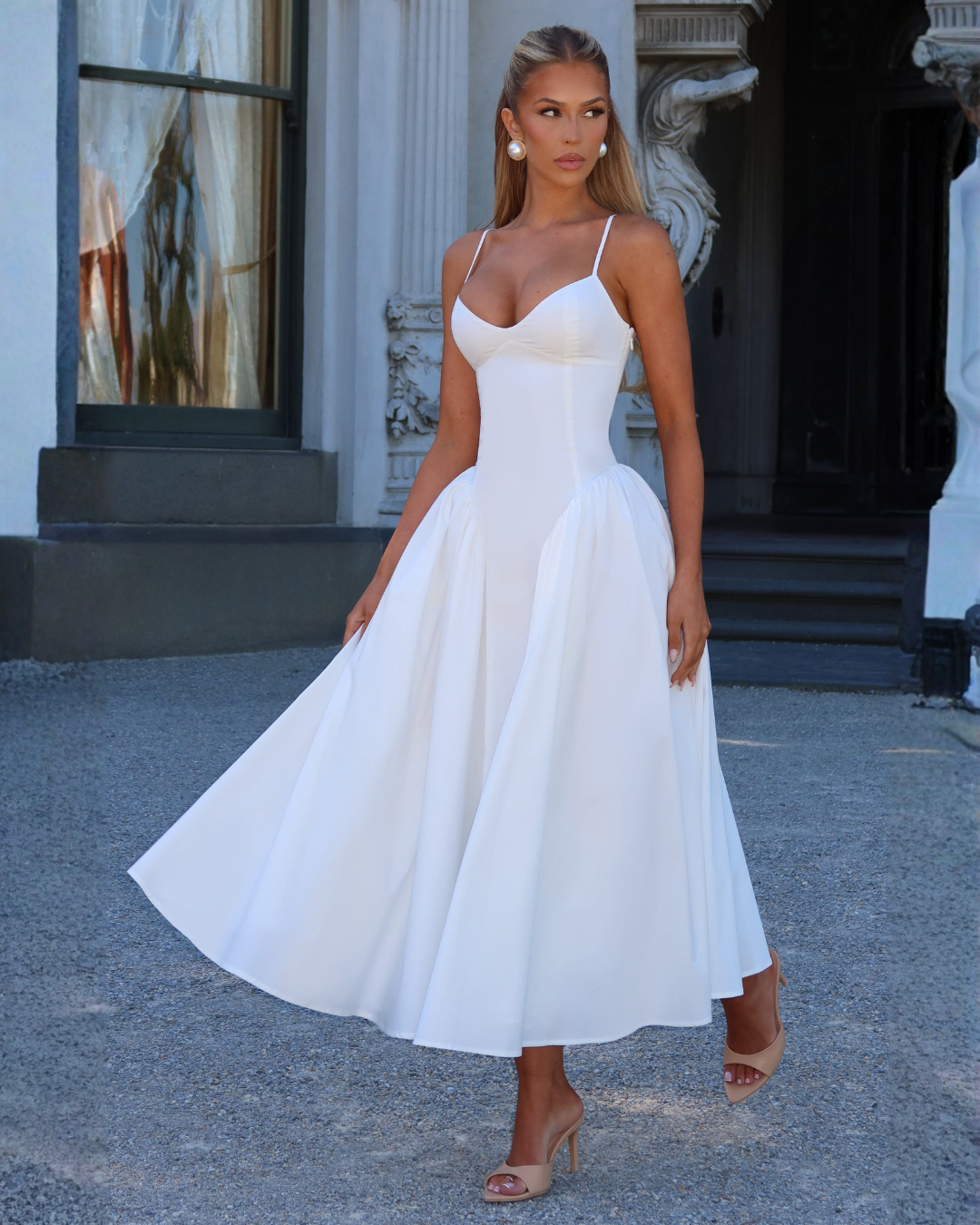 Elysia Midi Dress | Ivory, Sweetheart Neckline, Lace-Up Back