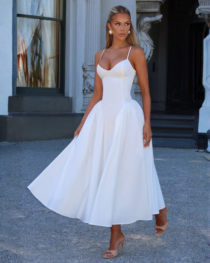 Elysia Midi Dress | Ivory, Sweetheart Neckline, Lace-Up Back