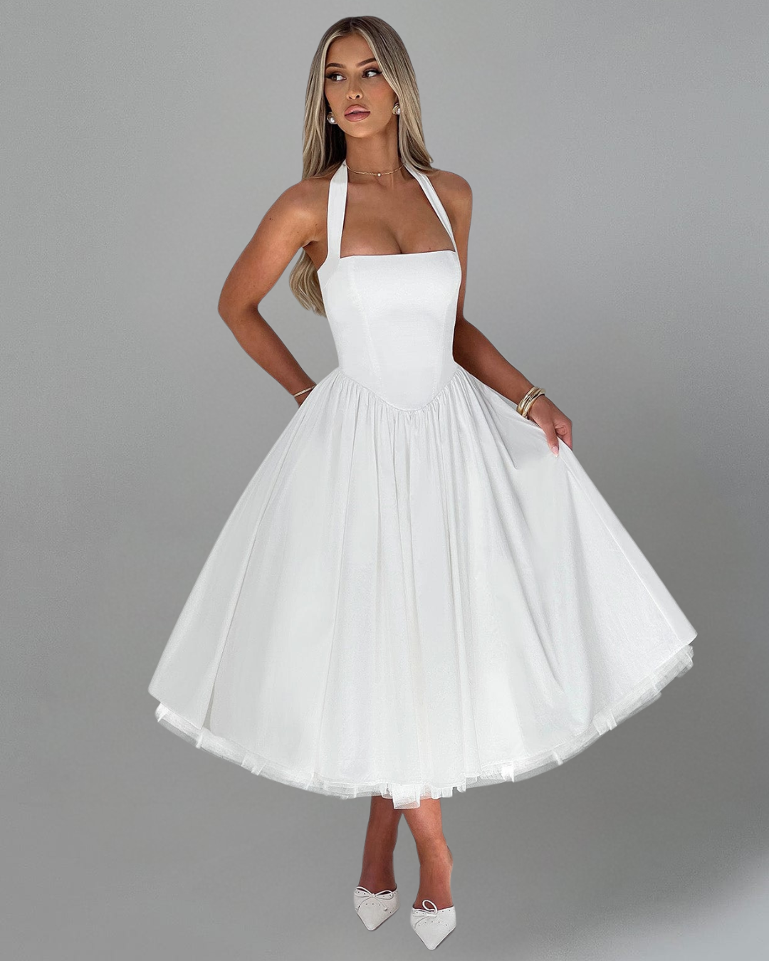 Cressida Midi Dress | Elegant Ivory, Tulle Detail, Perfect for Weddings and Events