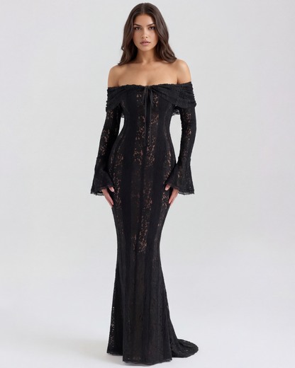 Alyssa Black Maxi Dress | Stretch Floral Lace, Off-Shoulder