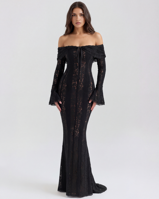 Alyssa Black Maxi Dress | Stretch Floral Lace, Off-Shoulder
