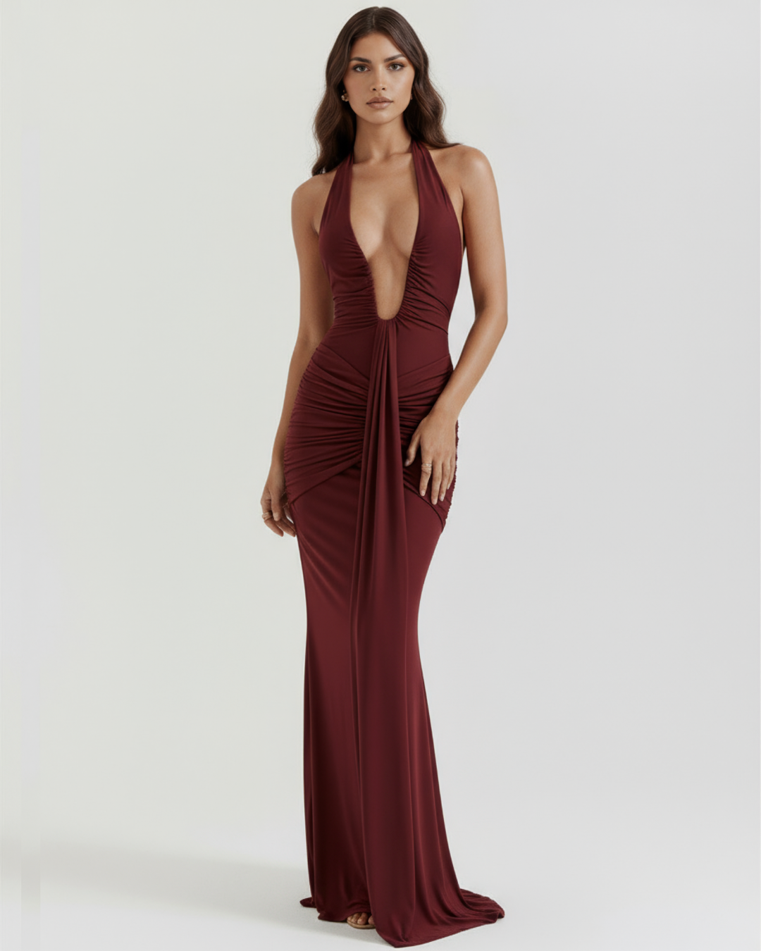 Ariel Black Maxi Dress | Plunging Halter Neckline, Slinky Jersey