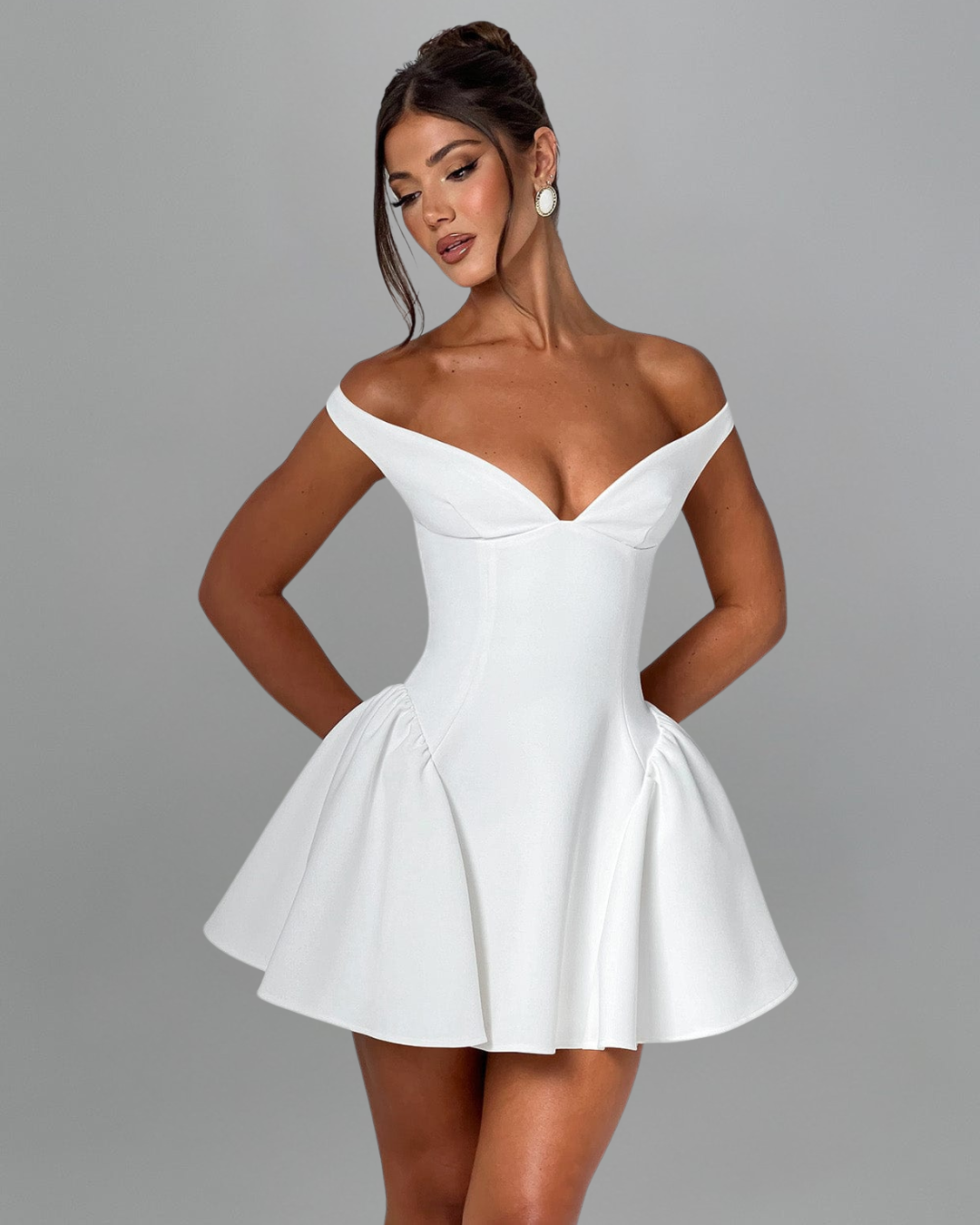 Mara White Dress | Plunge Bardot Neckline, Tulle Skirt for Summer Weddings