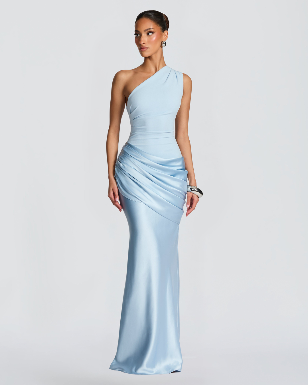 Sarina Maxi Dress | One-Shoulder, Stretch Crepe, Satin Skirt