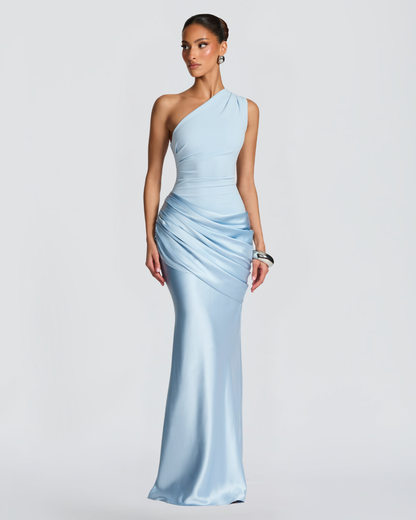 Sarina Maxi Dress | One-Shoulder, Stretch Crepe, Satin Skirt