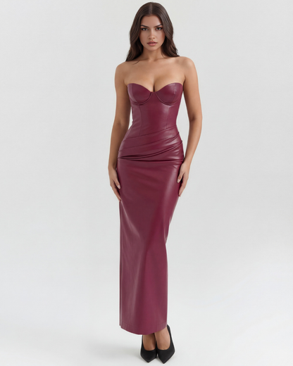 Vera Midi Dress | Stretch Vegan Leather, Strapless Cocktail Dress