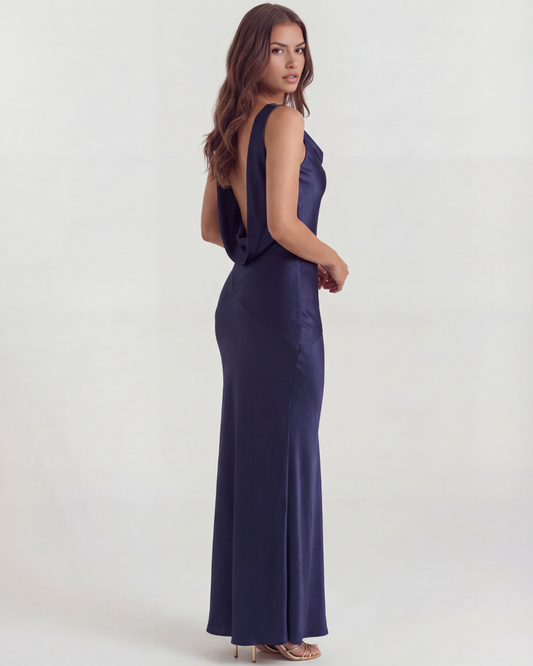 Sapphire Evening Gown | Silky Satin, Open Back Design for Formal Dresses