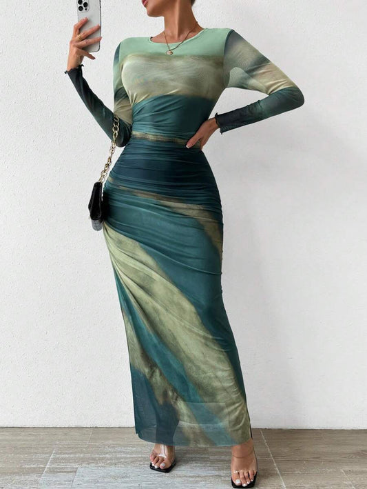 Toria Maxi Dress | Printed Bodycon, Long Sleeve 0