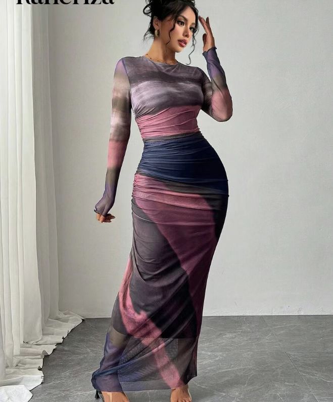 Toria Maxi Dress | Printed Bodycon, Long Sleeve 10
