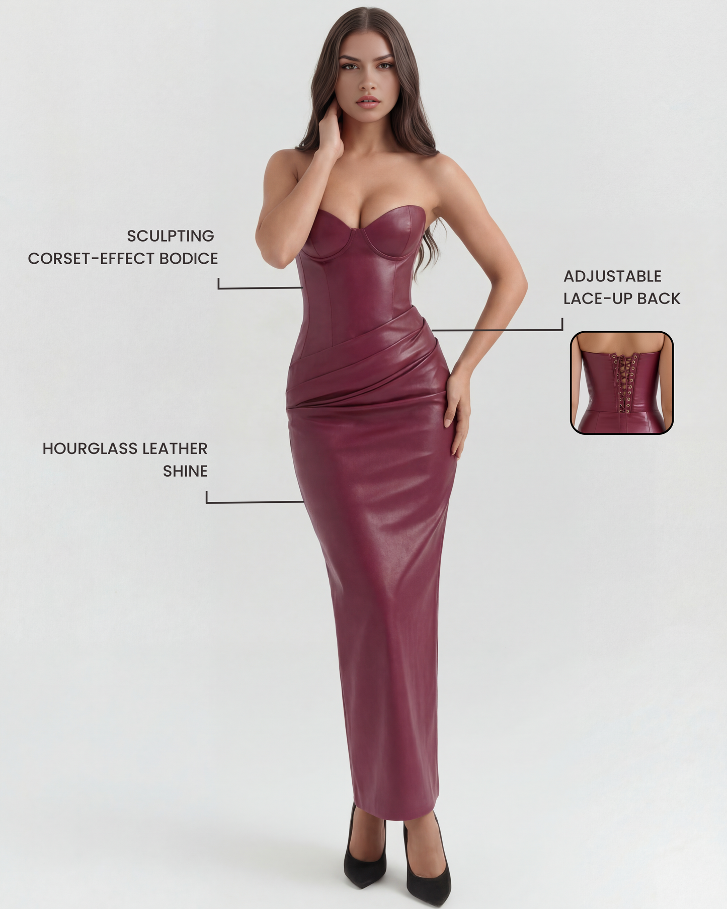Vera Midi Dress | Stretch Vegan Leather, Strapless Cocktail Dress 2