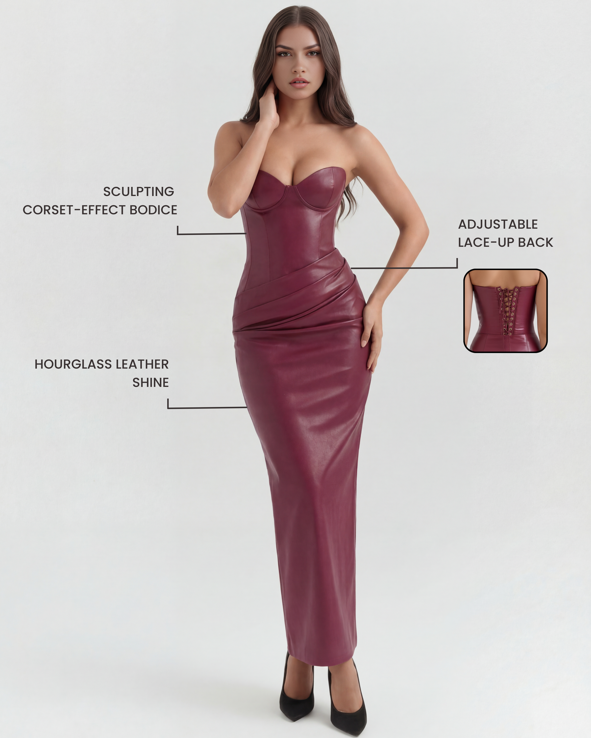 Vera Midi Dress | Stretch Vegan Leather, Strapless Cocktail Dress 2
