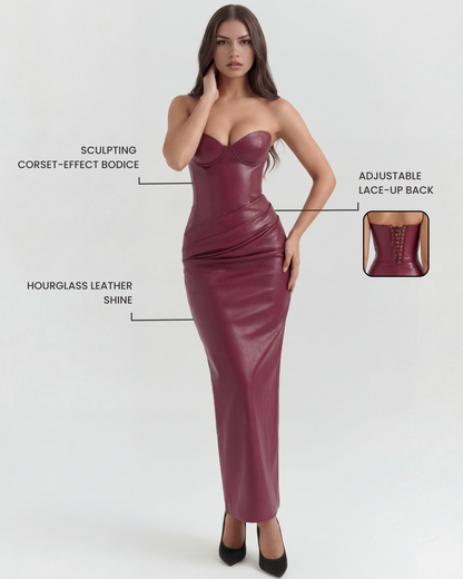 Vera Midi Dress | Stretch Vegan Leather, Strapless Cocktail Dress 2