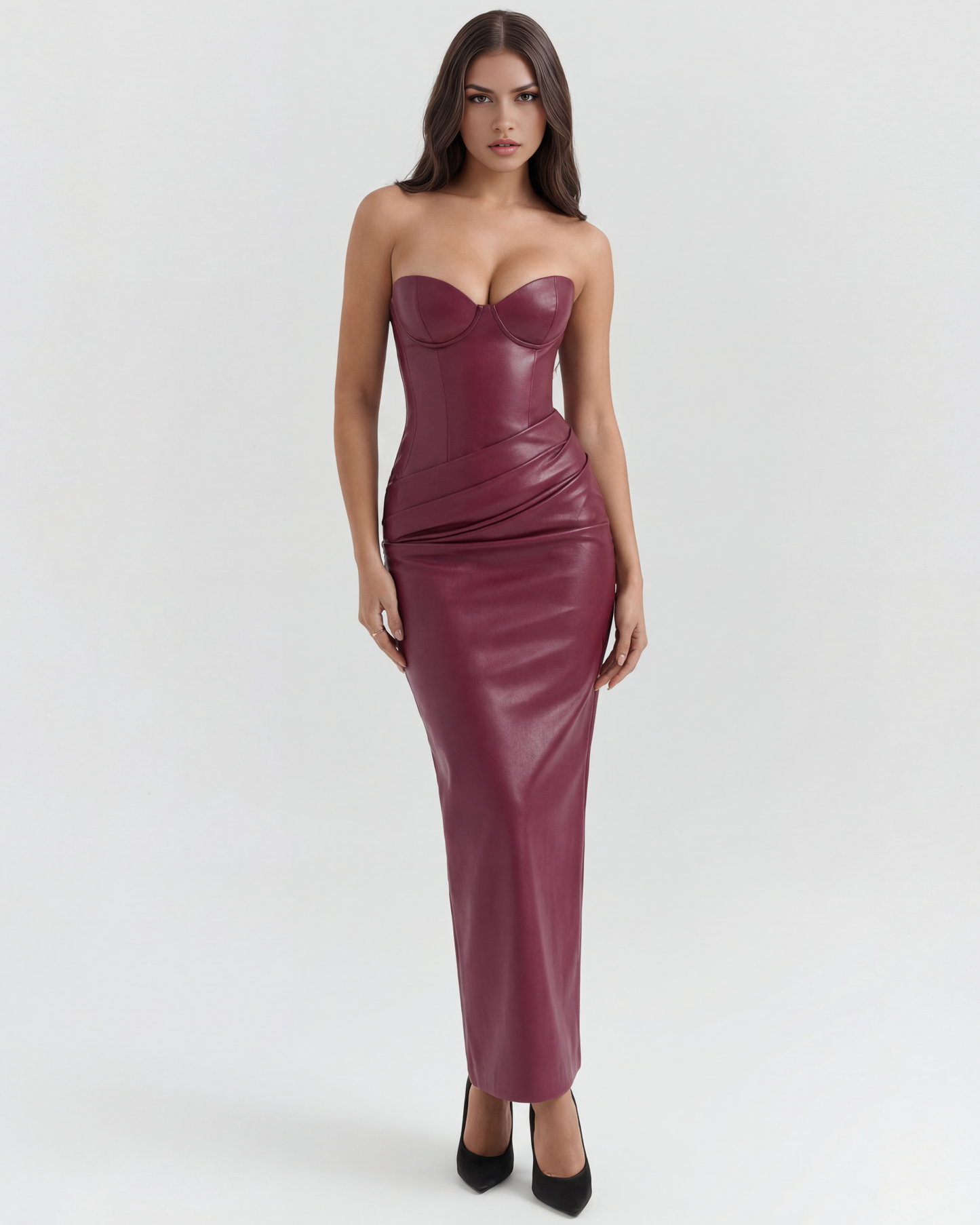 Vera Midi Dress | Stretch Vegan Leather, Strapless Cocktail Dress 3