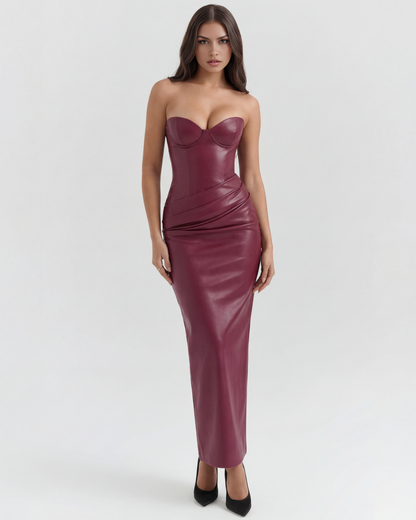 Vera Midi Dress | Stretch Vegan Leather, Strapless Cocktail Dress 3