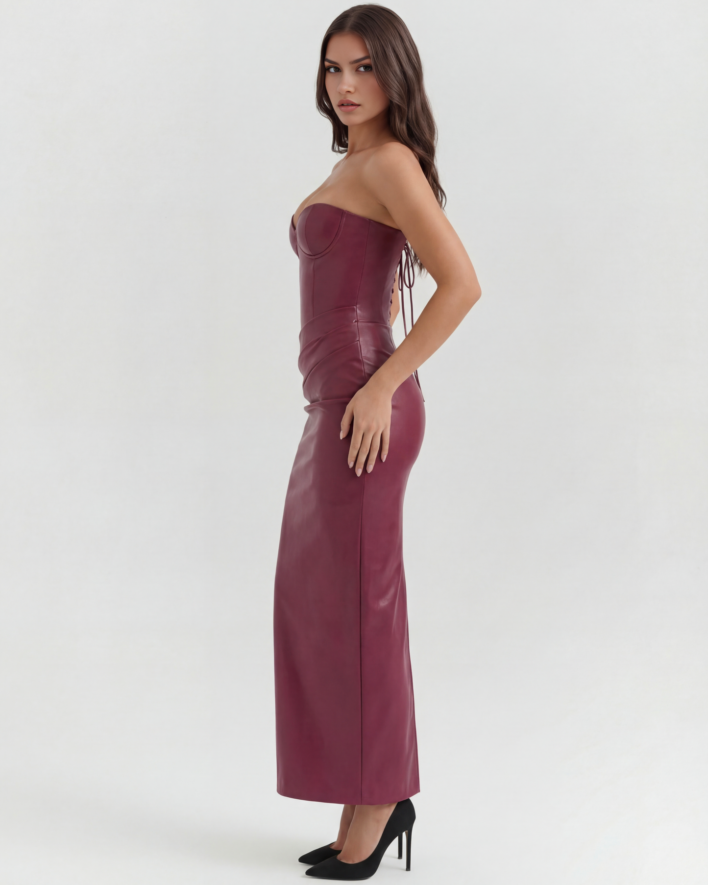 Vera Midi Dress | Stretch Vegan Leather, Strapless Cocktail Dress 5