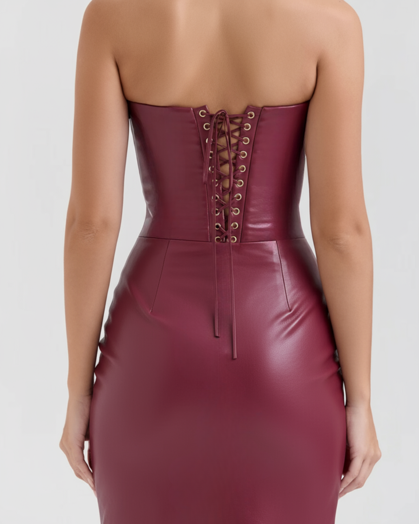 Vera Midi Dress | Stretch Vegan Leather, Strapless Cocktail Dress 7