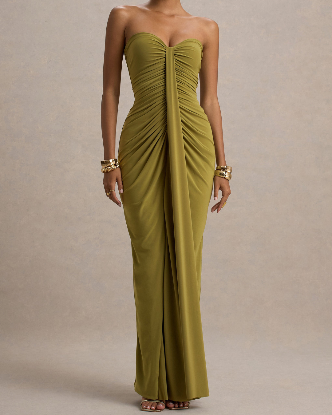 Ava Maxi Dress | Olive Ruched Sweetheart Design