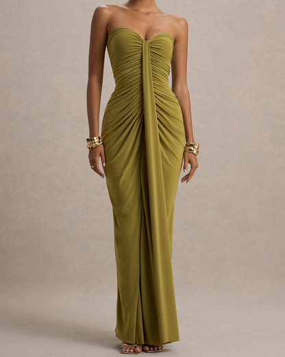 Ava Maxi Dress | Olive Ruched Sweetheart Design