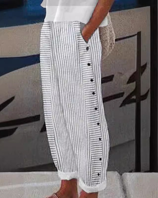 Sera Striped Pants | Button-Accent, Relaxed Fit