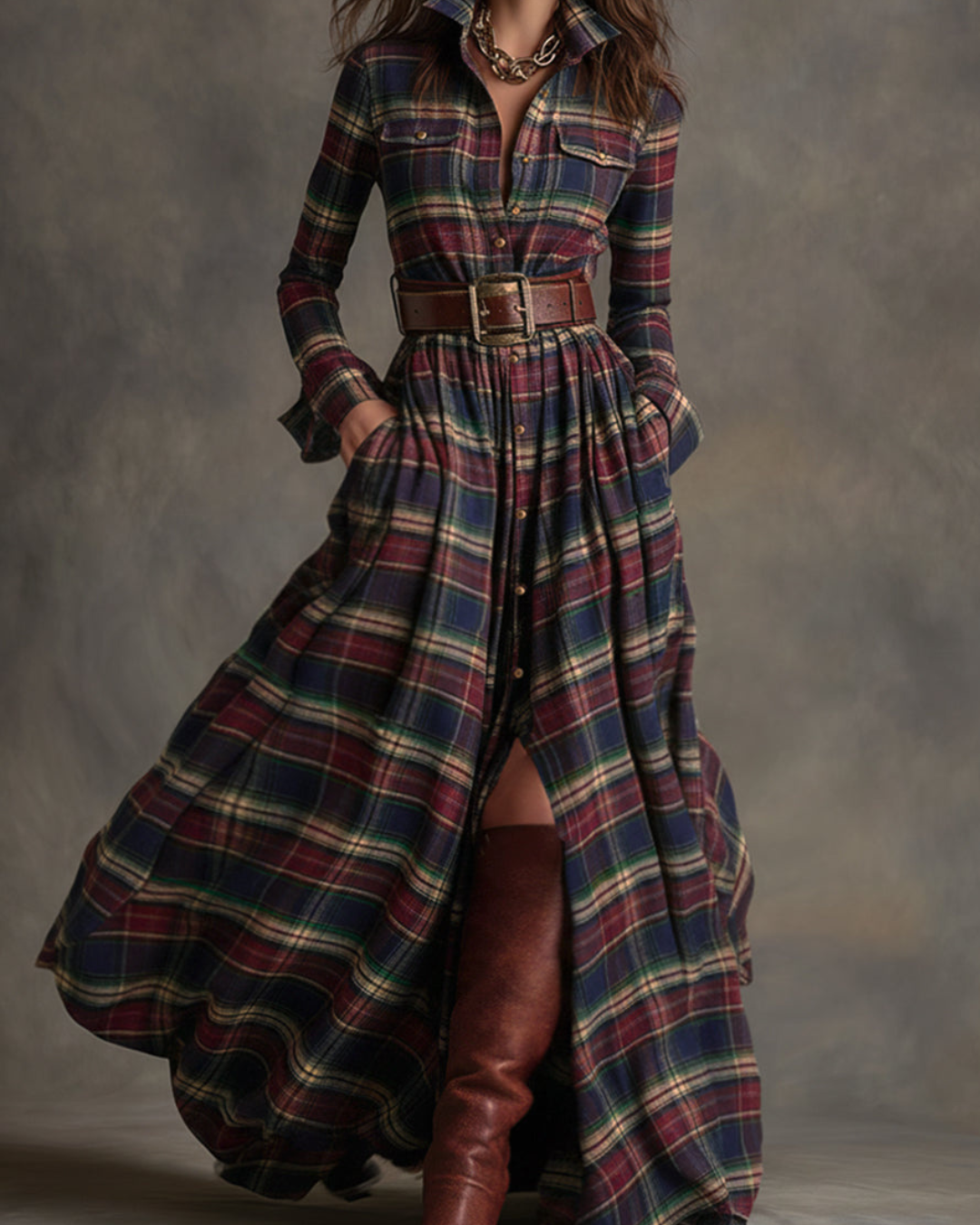 Reddish Brown Plaid Maxi Dress | Vintage Ethnic Style