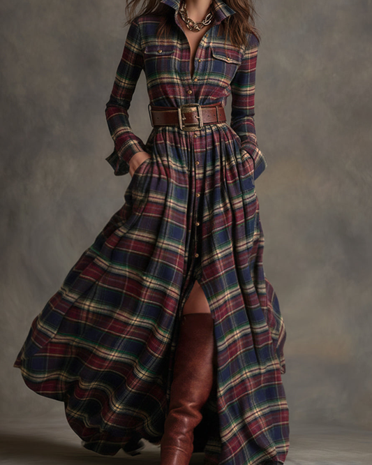 Reddish Brown Plaid Maxi Dress | Vintage Ethnic Style